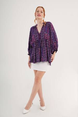 Purple Boho Oversized Ruffle Sleeve Shirt - Brand: Lustrin - Women's Clothing Wholesale - Globality Store