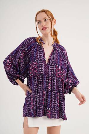Purple Boho Oversized Ruffle Sleeve Shirt - Brand: Lustrin - Women's Clothing Wholesale - Globality Store