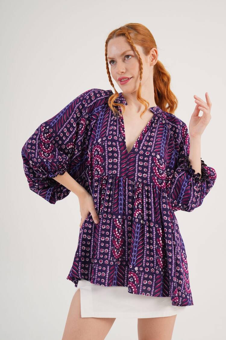 Purple Boho Oversized Ruffle Sleeve Shirt