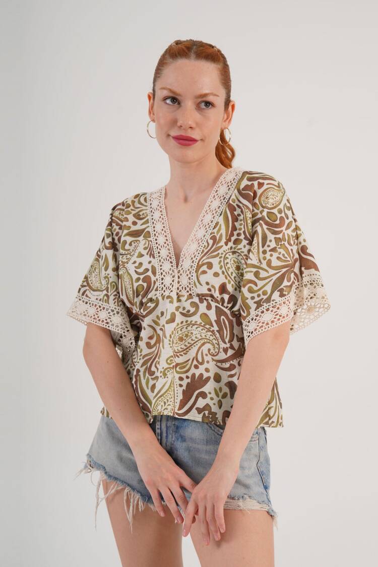 Beige Boho Paisley V-Neck Pull On Shirt