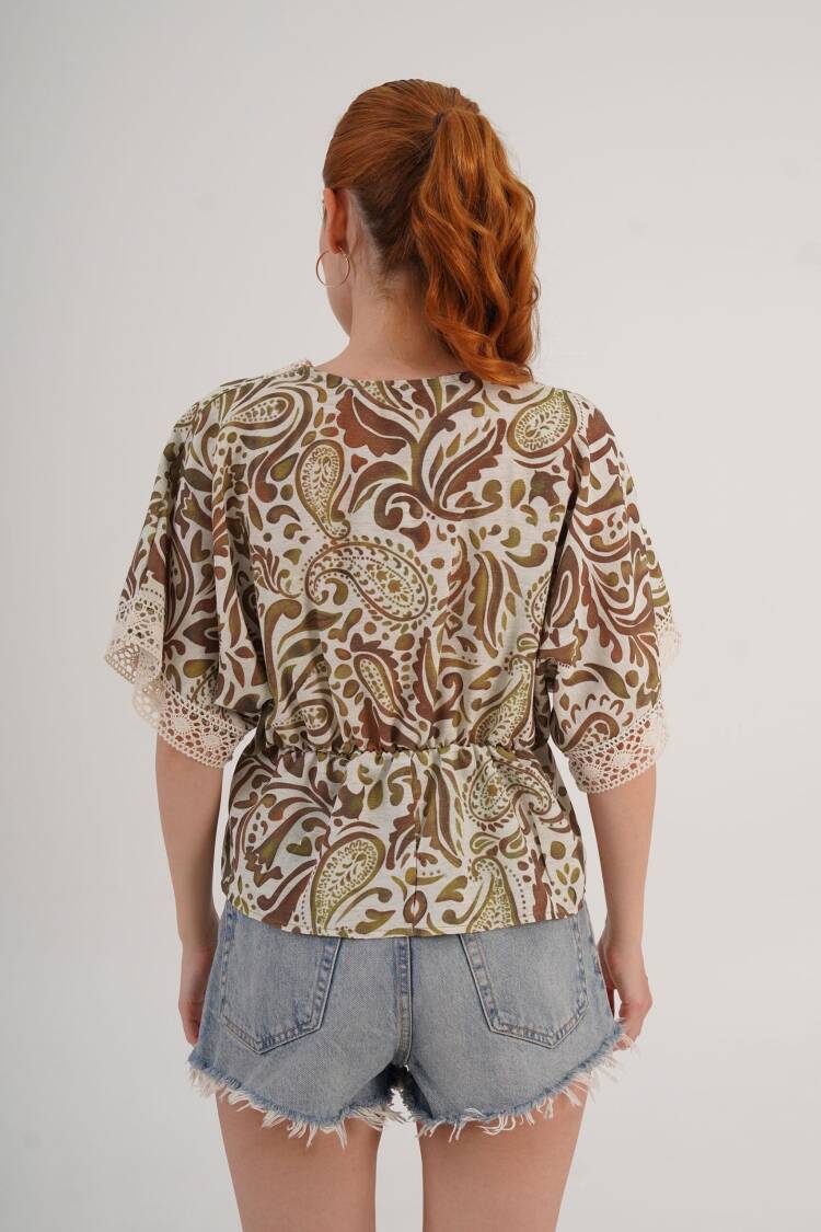 Beige Boho Paisley V-Neck Pull On Shirt