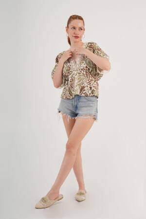 Beige Boho Paisley V-Neck Pull On Shirt - Brand: Lustrin - Women's Clothing Wholesale - Globality Store