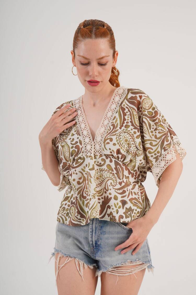 Beige Boho Paisley V-Neck Pull On Shirt