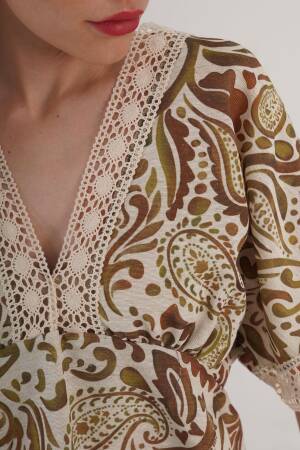 Beige Boho Paisley V-Neck Pull On Shirt - Brand: Lustrin - Women's Clothing Wholesale - Globality Store