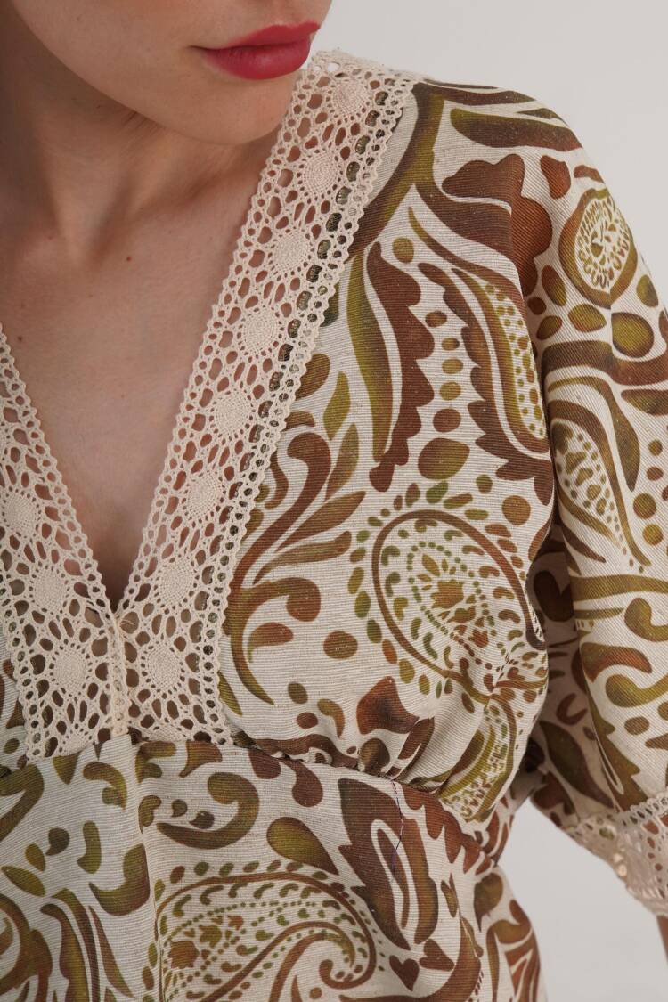 Beige Boho Paisley V-Neck Pull On Shirt