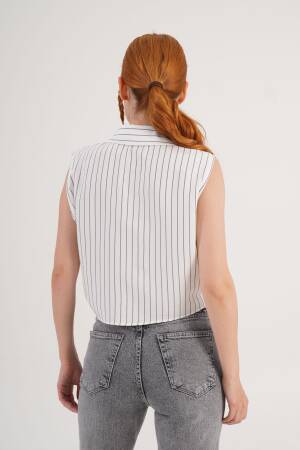 White Casual Striped Sleeveless Crop Shirt - Brand: Lustrin - Women's Clothing Wholesale - Globality Store
