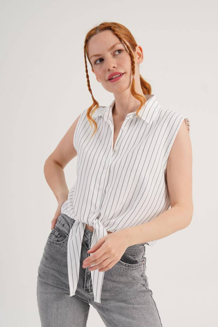 White Casual Striped Sleeveless Crop Shirt - Brand: Lustrin - Women's Clothing Wholesale - Globality Store
