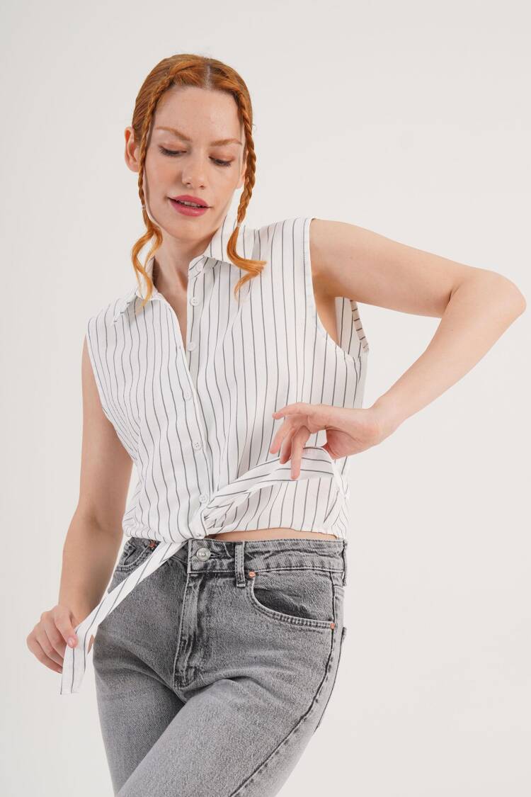 White Casual Striped Sleeveless Crop Shirt