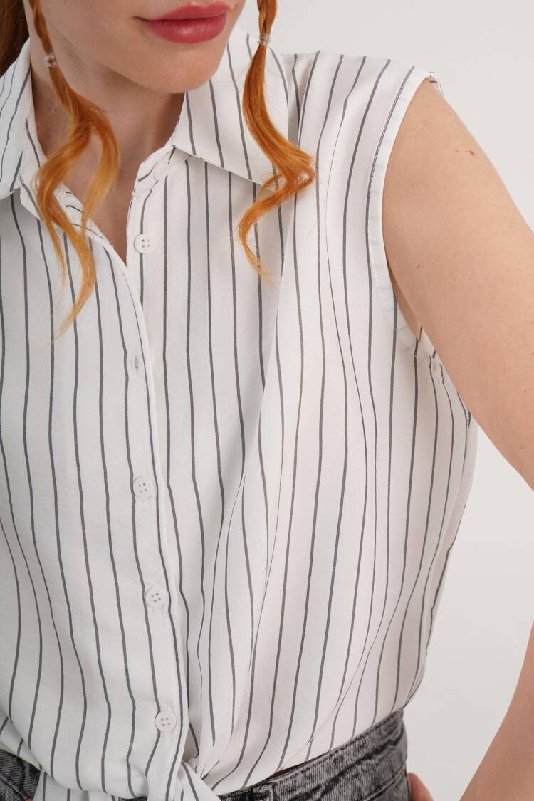 White Casual Striped Sleeveless Crop Shirt