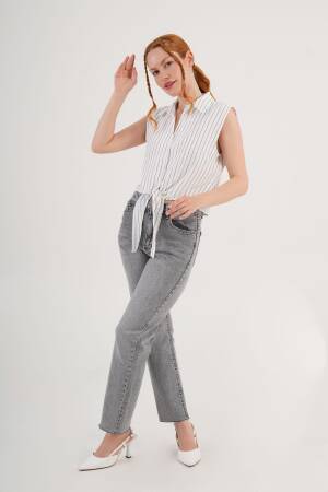 White Casual Striped Sleeveless Crop Shirt - Brand: Lustrin - Women's Clothing Wholesale - Globality Store