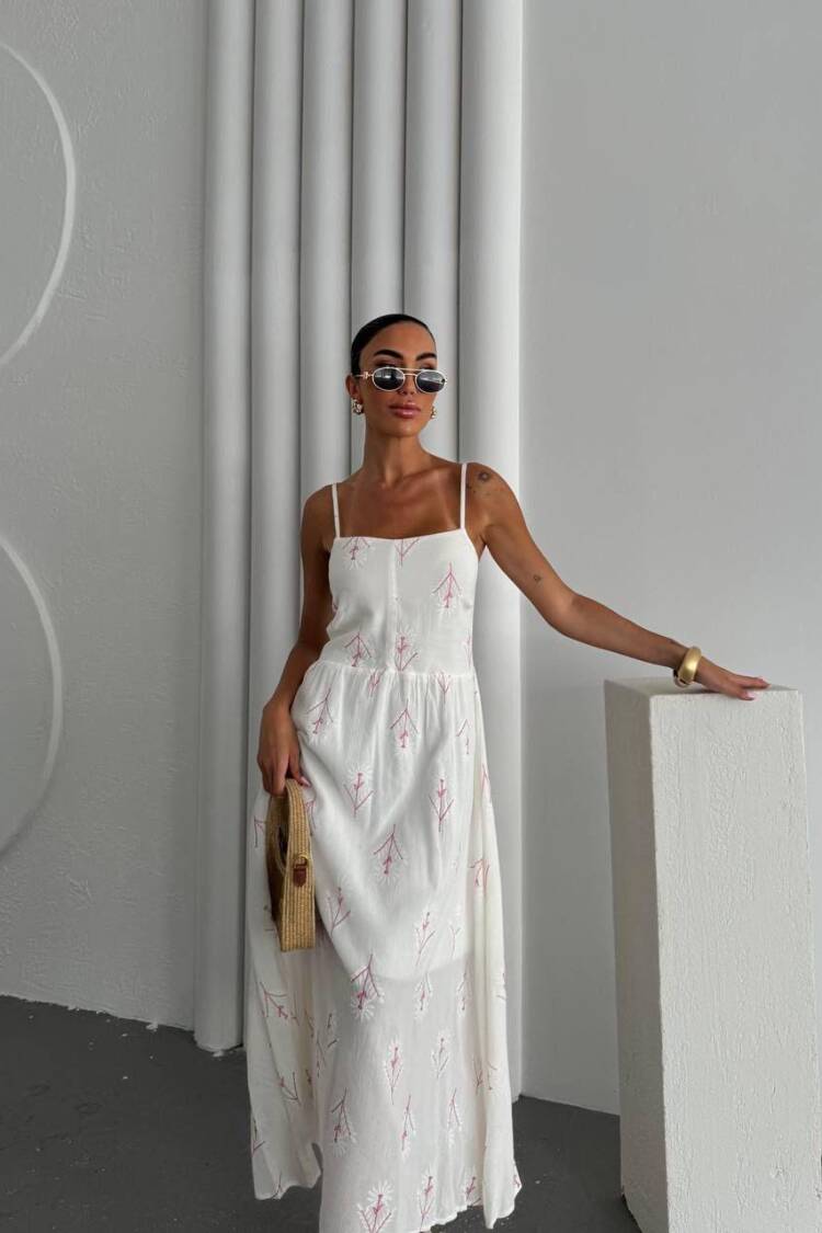White Floral Slip Maxi Dress With Square Neck