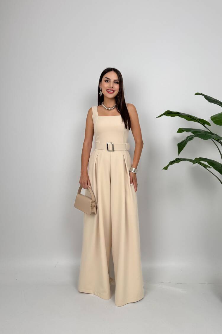 Beige Elegant Tailored Jumpsuit - Brand: Miss Janell - Women's Clothing Wholesale - Globality Store