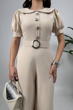 Beige Tailored Jumpsuit With Puff Short Sleeves - Brand: Miss Janell - Women's Clothing Wholesale - Globality Store