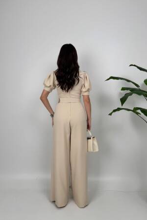 Beige Tailored Jumpsuit With Puff Short Sleeves - Brand: Miss Janell - Women's Clothing Wholesale - Globality Store