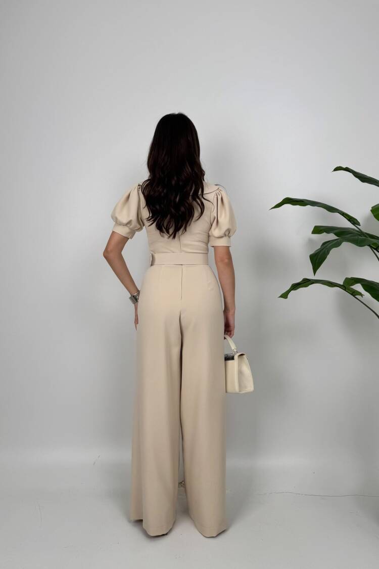 Beige Tailored Jumpsuit With Puff Short Sleeves