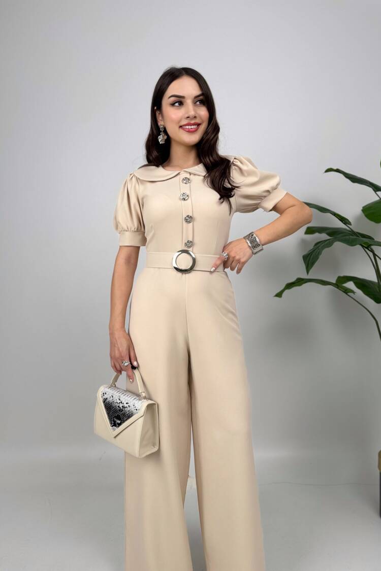 Beige Tailored Jumpsuit With Puff Short Sleeves