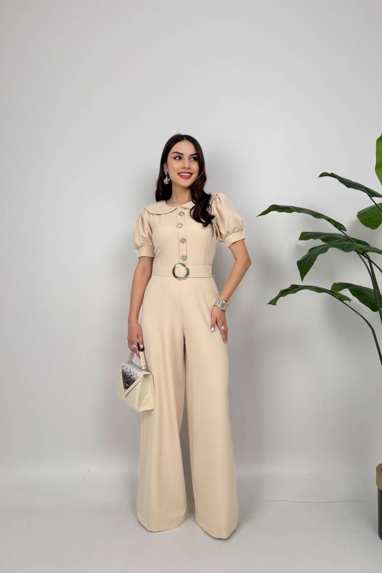 Beige Tailored Jumpsuit With Puff Short Sleeves - Brand: Miss Janell - Women's Clothing Wholesale - Globality Store