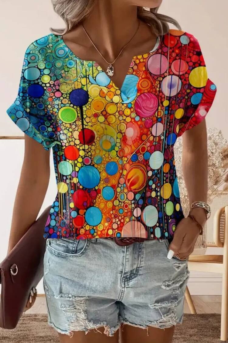 Mix Color Blouse With Notched Neck And Short Sleeves - Brand: Janes - Women's Clothing Wholesale - Globality Store