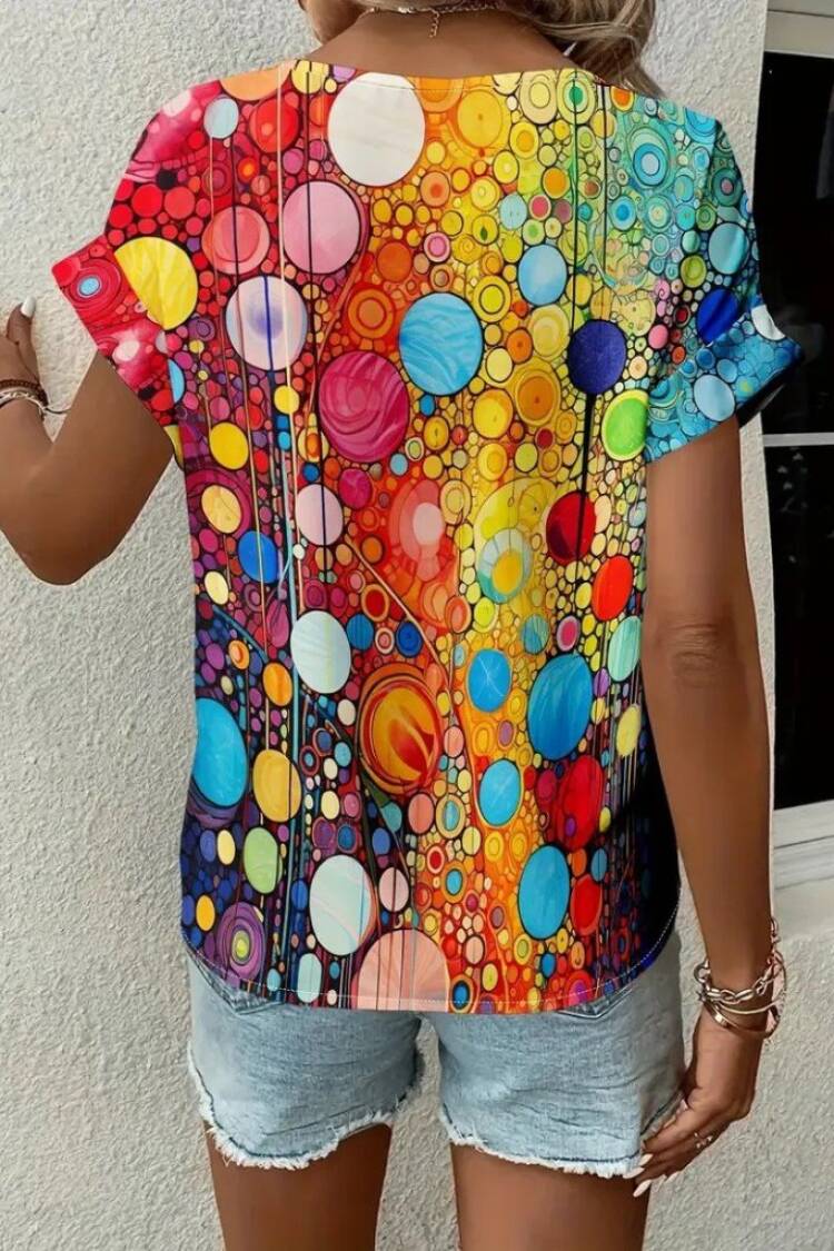 Mix Color Blouse With Notched Neck And Short Sleeves