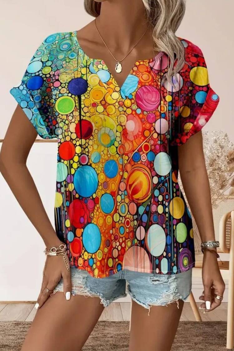Mix Color Blouse With Notched Neck And Short Sleeves
