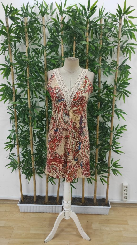 Beige A-Line Mini Dress With Paisley Pattern