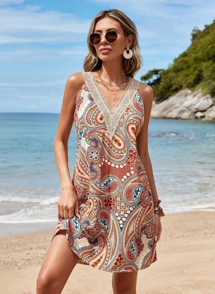 Beige A-Line Mini Dress With Paisley Pattern