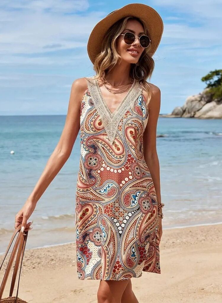 Beige A-Line Mini Dress With Paisley Pattern