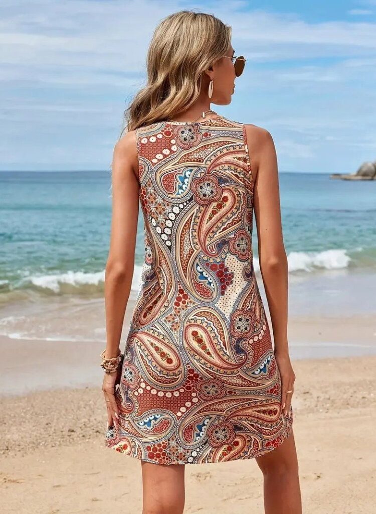 Beige A-Line Mini Dress With Paisley Pattern