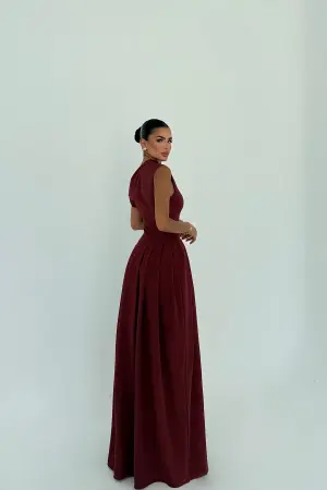 Claret Red Elegant A-Line Dress With One Shoulder Neck - Brand: EYYO ATELIER - Women's Clothing Wholesale - Globality Store