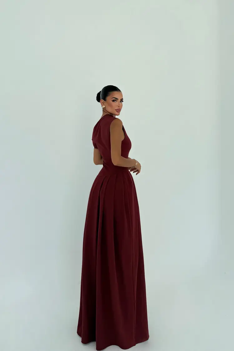 Claret Red Elegant A-Line Dress With One Shoulder Neck