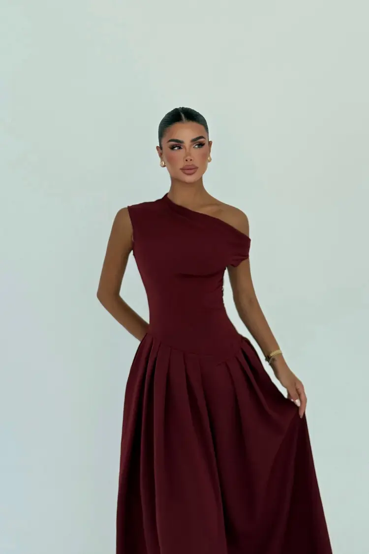 Claret Red Elegant A-Line Dress With One Shoulder Neck
