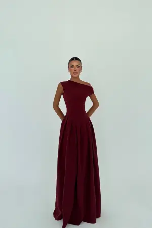 Claret Red Elegant A-Line Dress With One Shoulder Neck - Brand: EYYO ATELIER - Women's Clothing Wholesale - Globality Store