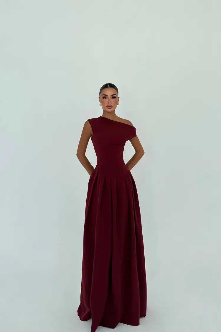Claret Red Elegant A-Line Dress With One Shoulder Neck - Brand: EYYO ATELIER - Women's Clothing Wholesale - Globality Store