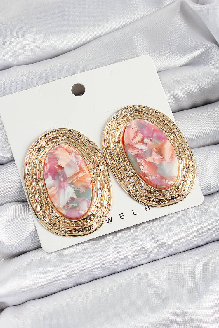 Brass Marble Desenlli Pink Pearl Oval Vintage Model Gold Color Women Earrings - Brand: Ebijuteri - Women's Clothing Wholesale - Globality Store