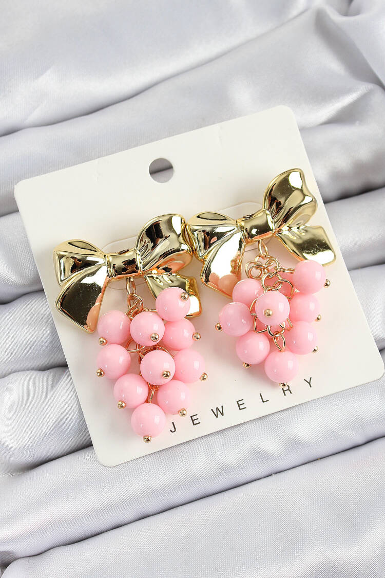 Brass Swinging Pink Beaded Bow Vintage Model Gold Color Women's Earrings - Brand: Ebijuteri - Women's Clothing Wholesale - Globality Store