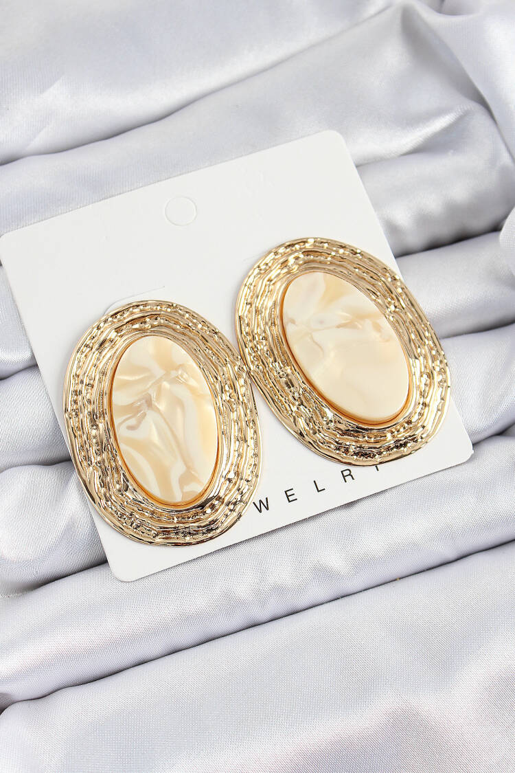 Brass Marble Desenlli Beige Pearl Oval Vintage Model Gold Color Women Earrings - Brand: Ebijuteri - Women's Clothing Wholesale - Globality Store