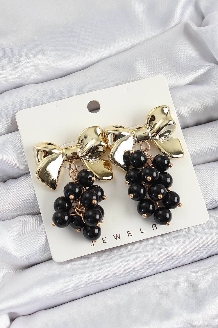 Brass Swinging Black Beaded Bow Vintage Model Gold Color Women Earrings - Brand: Ebijuteri - Women's Clothing Wholesale - Globality Store