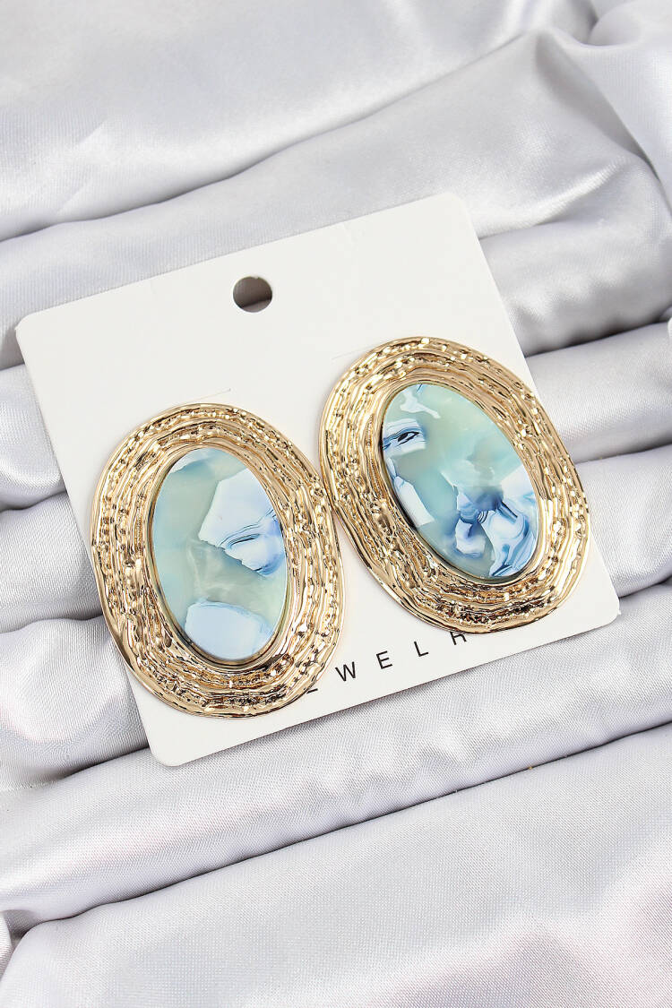 Brass Marble Desenlli Blue Pearl Oval Vintage Model Gold Color Women Earrings - Brand: Ebijuteri - Women's Clothing Wholesale - Globality Store