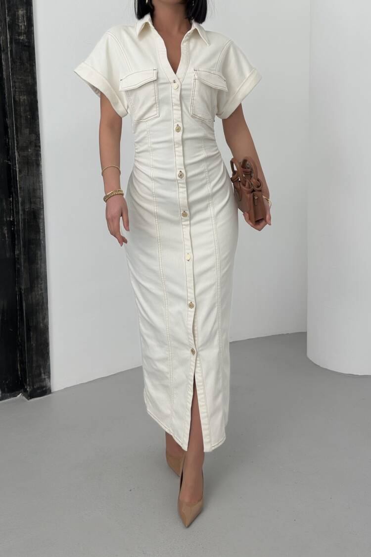 Beige Shirt Dress With Notched Neck And Short Sleeves - Brand: LACARINO - Women's Clothing Wholesale - Globality Store