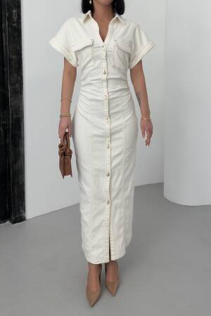 Beige Shirt Dress With Notched Neck And Short Sleeves - Brand: LACARINO - Women's Clothing Wholesale - Globality Store