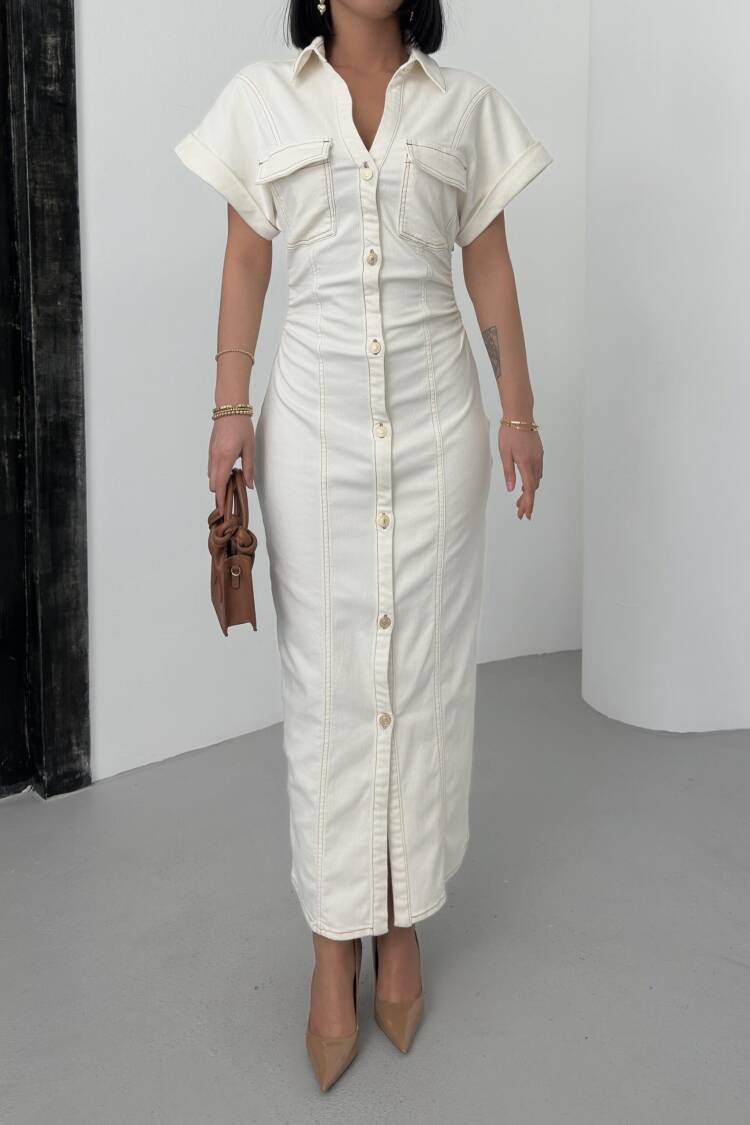Beige Shirt Dress With Notched Neck And Short Sleeves