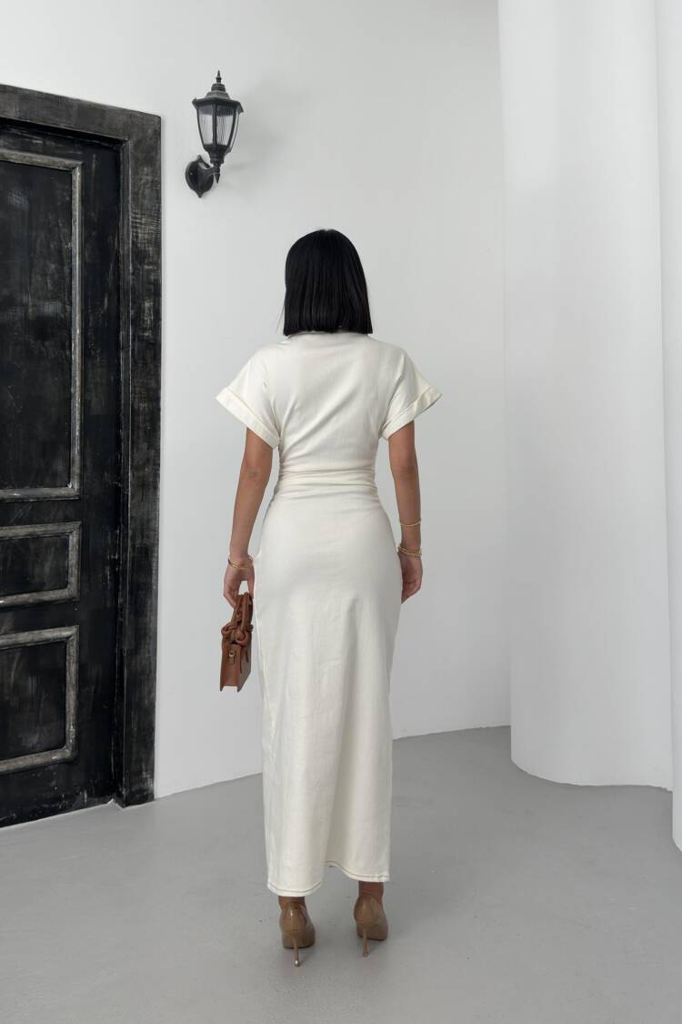 Beige Shirt Dress With Notched Neck And Short Sleeves