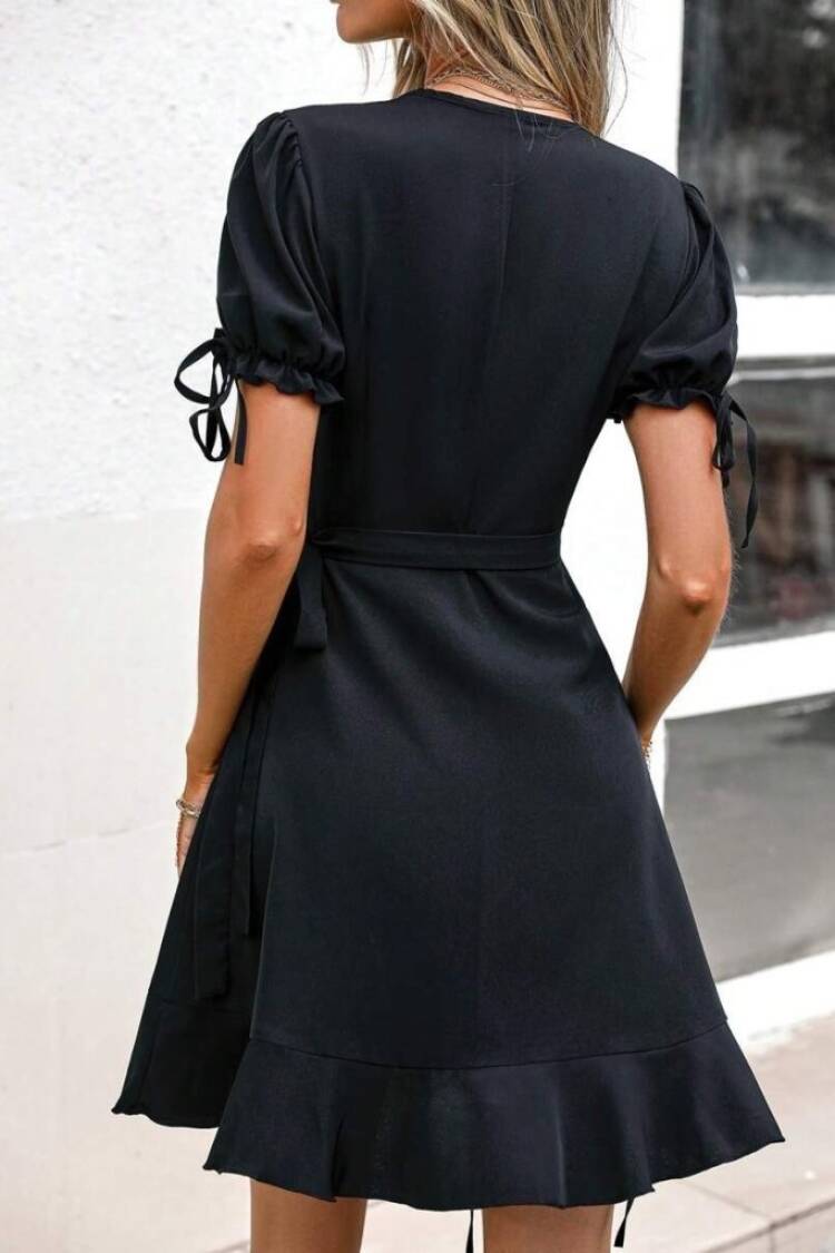 Elegant Black Wrap Dress With Puff Short Sleeves