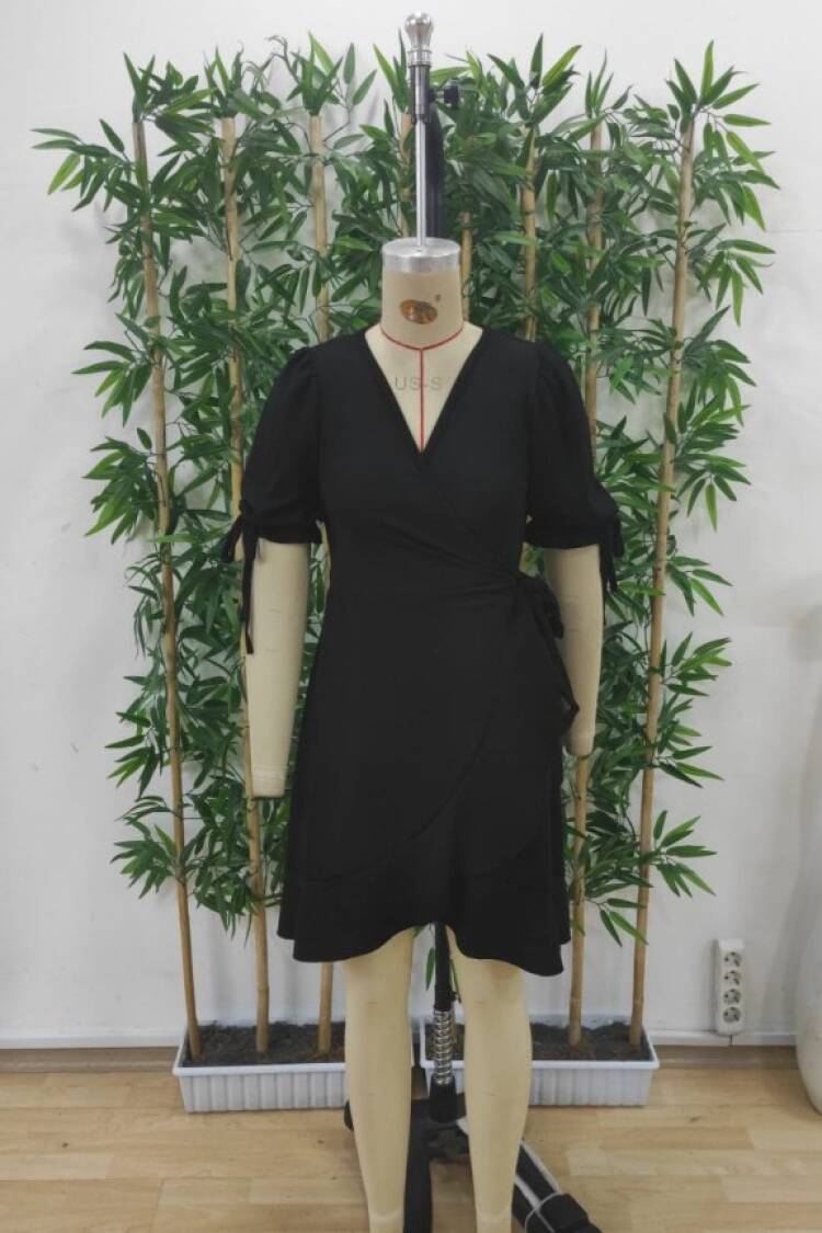 Elegant Black Wrap Dress With Puff Short Sleeves