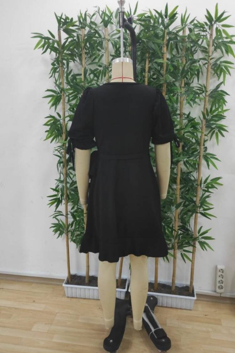 Elegant Black Wrap Dress With Puff Short Sleeves
