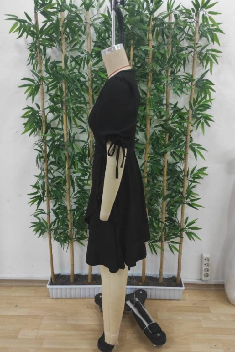 Elegant Black Wrap Dress With Puff Short Sleeves