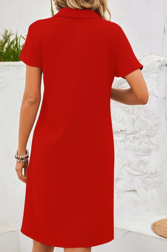 Shift Dress With Notched Neck And Short Sleeves