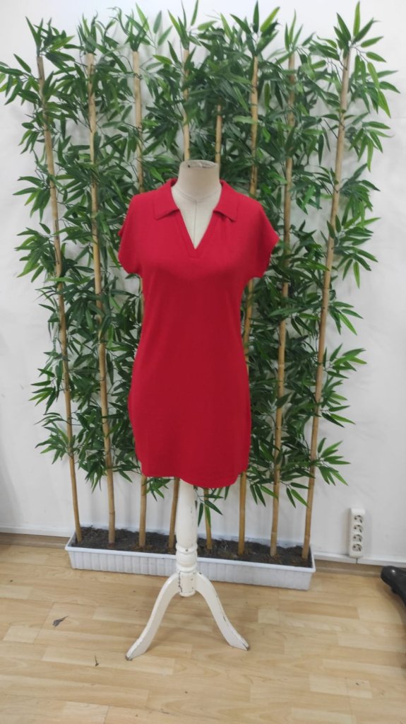 Shift Dress With Notched Neck And Short Sleeves