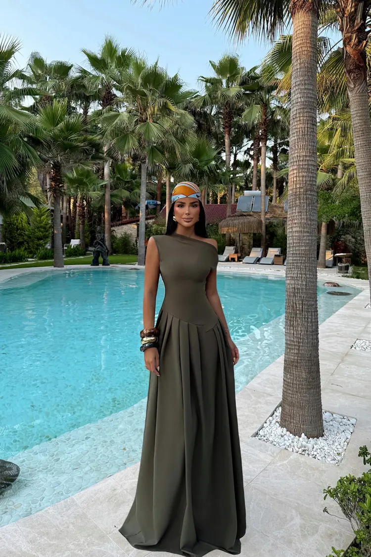 Elegant A-Line Dress With One Shoulder Neck - Brand: EYYO ATELIER - Women's Clothing Wholesale - Globality Store