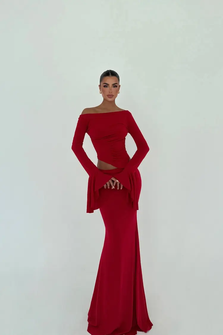 ClaretBodycon Floor Length Dress With Bell Sleeves - Brand: EYYO ATELIER - Women's Clothing Wholesale - Globality Store
